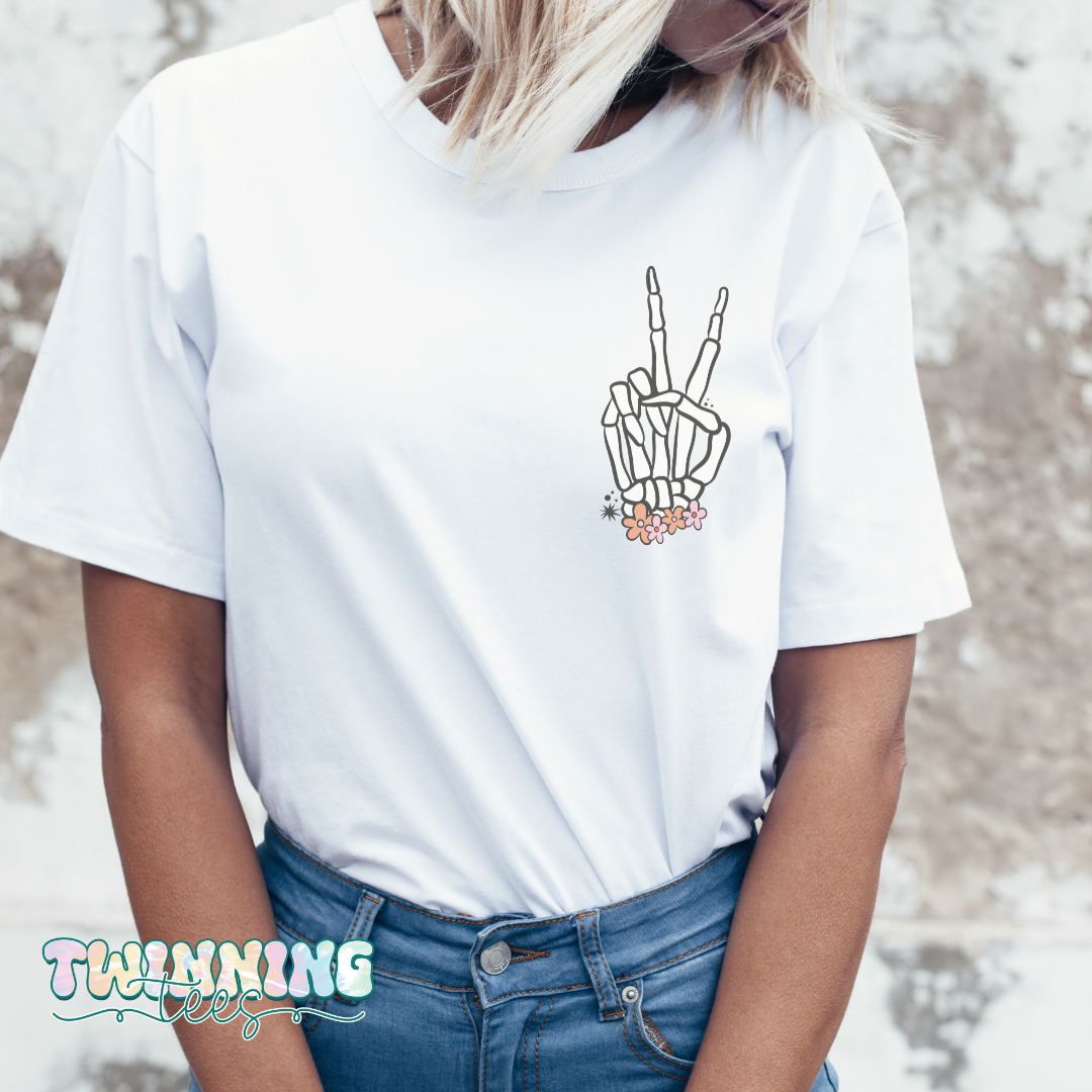 Floral Skelly Peace Sign Adult Tee
