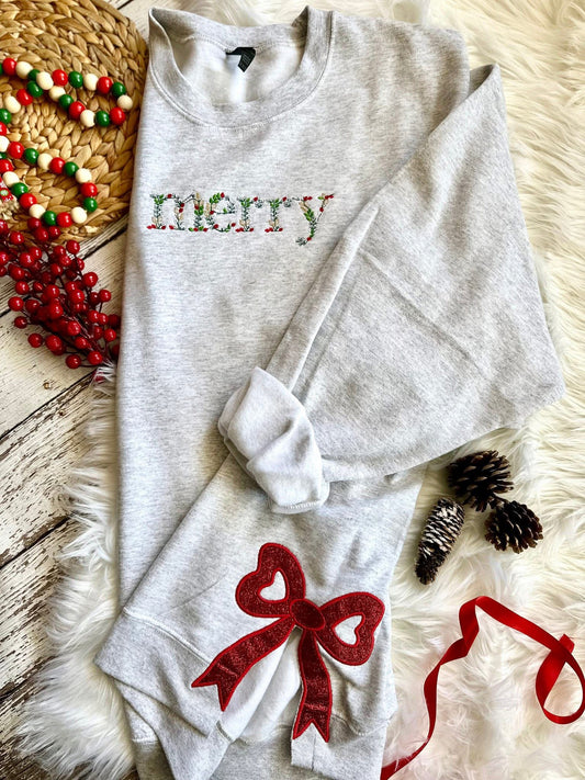 Merry Embroidered Side Bow Crewneck