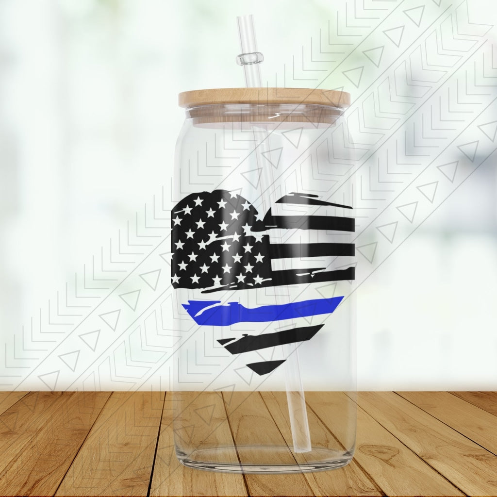 Police Flag Heart Clear Glass Glass Can